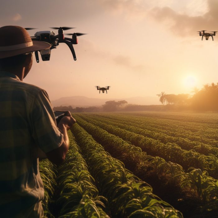 Agriculture Man working in the plantation with a drone sunset backgrounds Agriculture Man working in the plantation with a drone sunset background